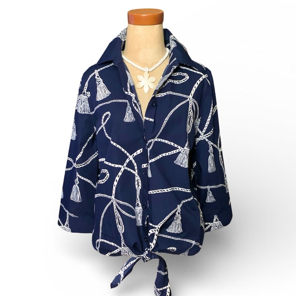 Chico's Wrinkle Resistant Nautical Tassel Print Tie-Front Top 3/4 Sleeve- S(4)